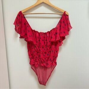 Free People‎ Intimacy Bodysuit Red with Blue Flowers Size Small